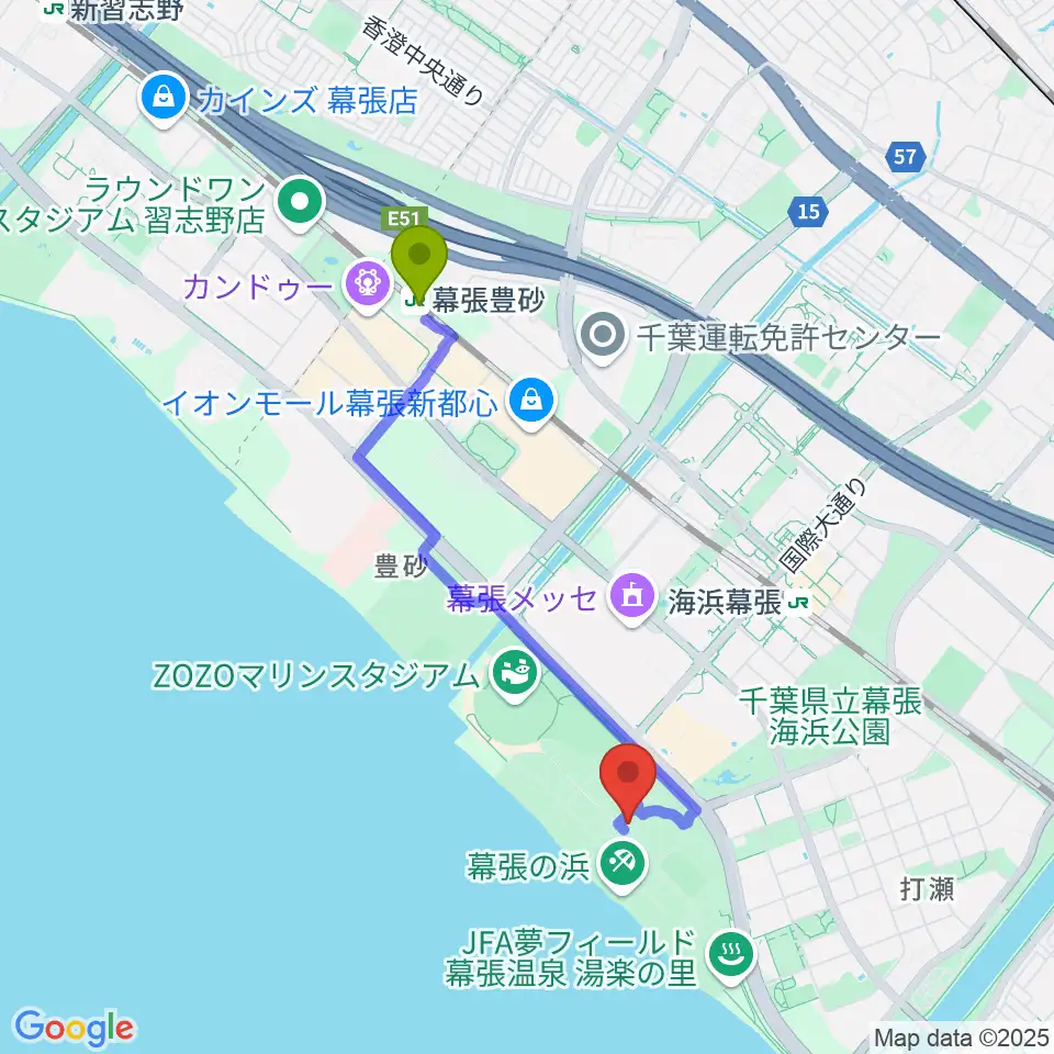 幕張豊砂駅からJFA夢フィールド ビーチサッカーピッチへのルートマップ地図