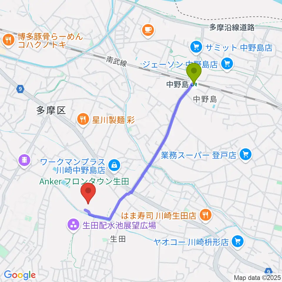 中野島駅からNebulaフィールドへのルートマップ地図