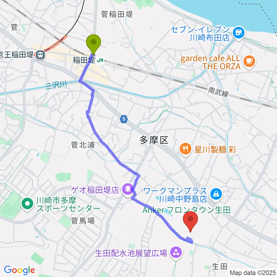 稲田堤駅からNebulaフィールドへのルートマップ地図