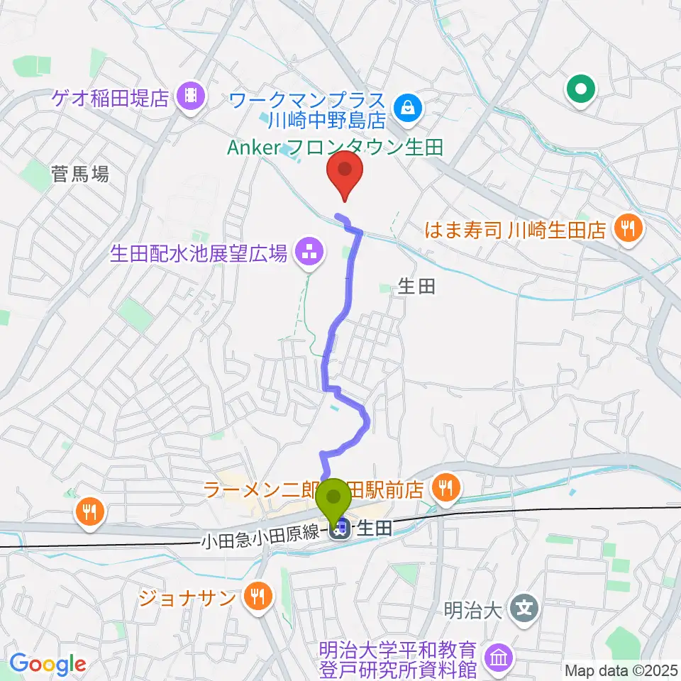 Nebulaフィールドの最寄駅生田駅からの徒歩ルート（約15分）地図