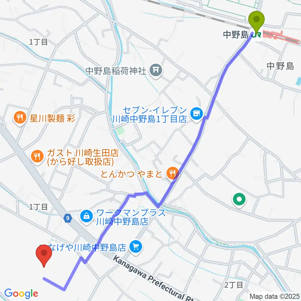 中野島駅からSoundcoreアリーナへのルートマップ地図