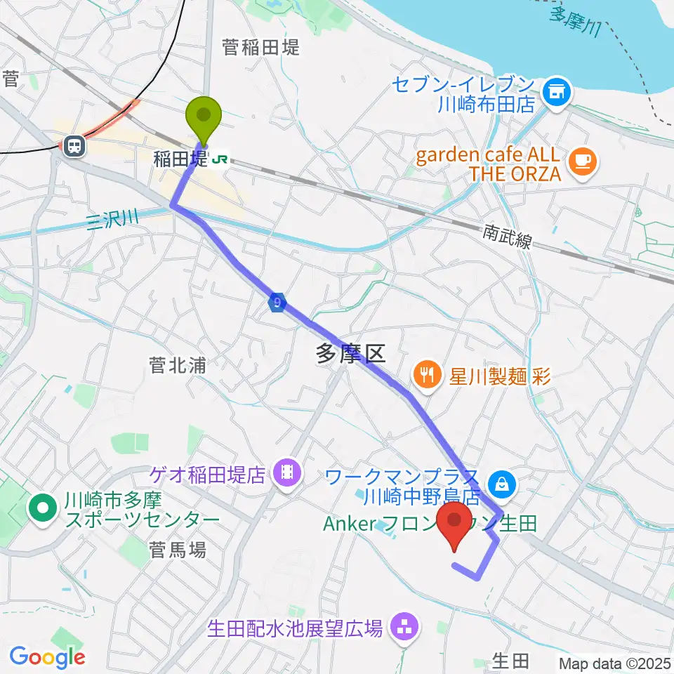 稲田堤駅からSoundcoreアリーナへのルートマップ地図