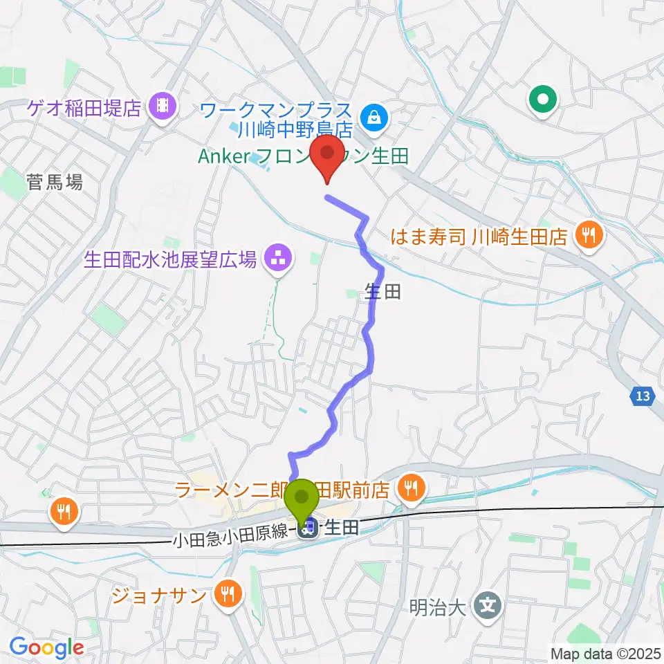 Soundcoreアリーナの最寄駅生田駅からの徒歩ルート（約16分）地図