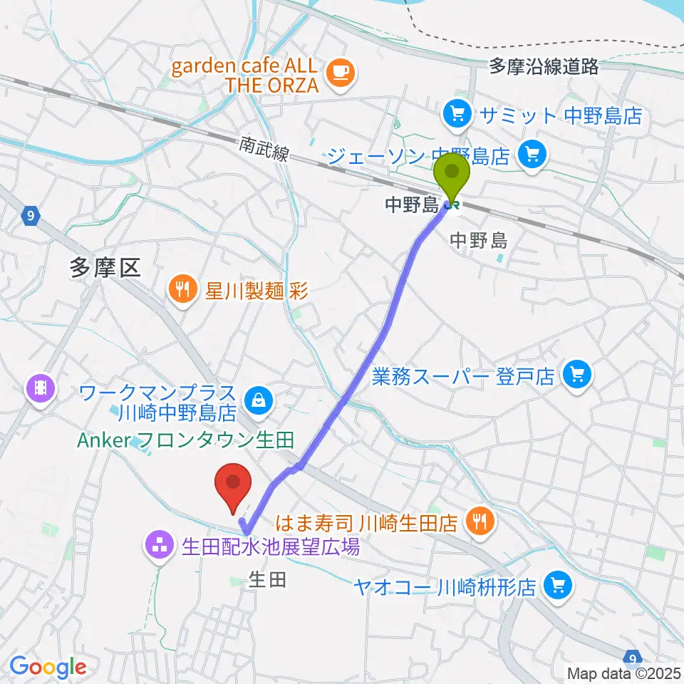中野島駅から生田多目的広場へのルートマップ地図
