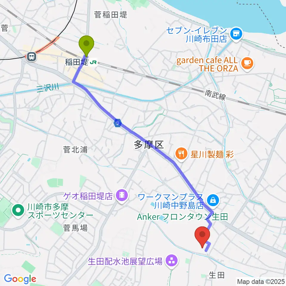 稲田堤駅から生田多目的広場へのルートマップ地図