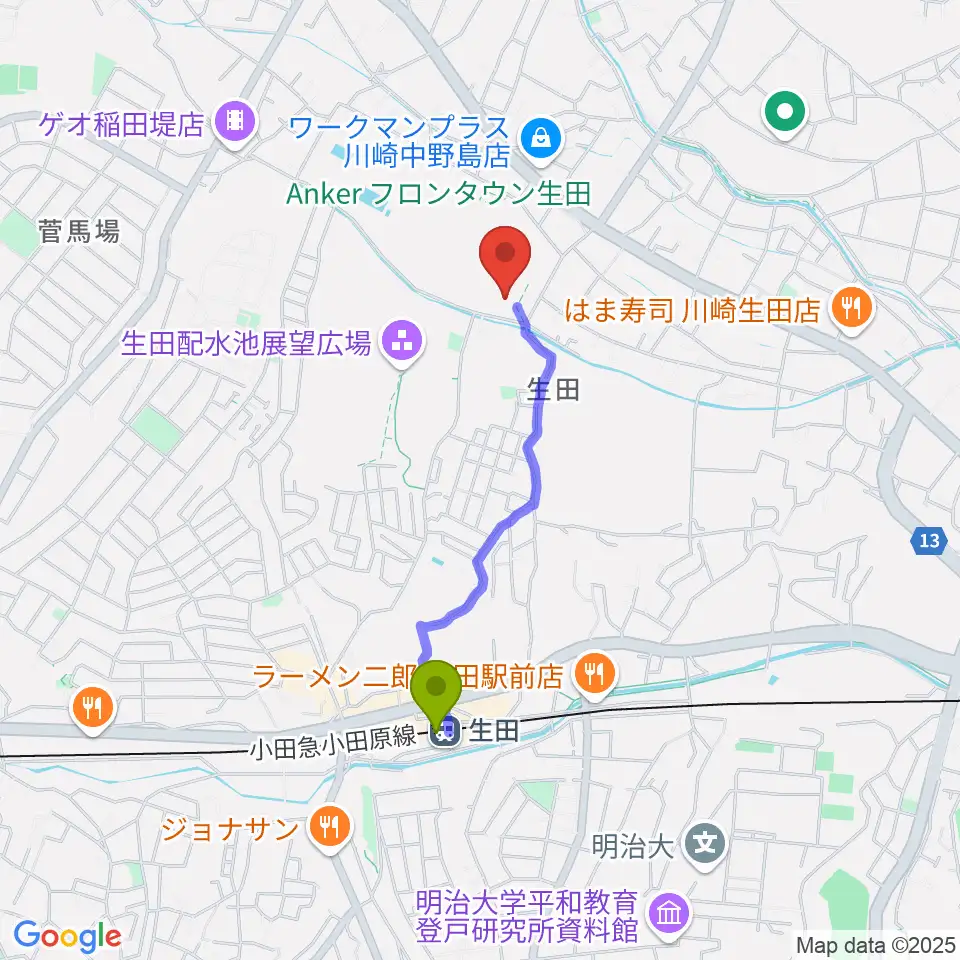 生田多目的広場の最寄駅生田駅からの徒歩ルート（約14分）地図