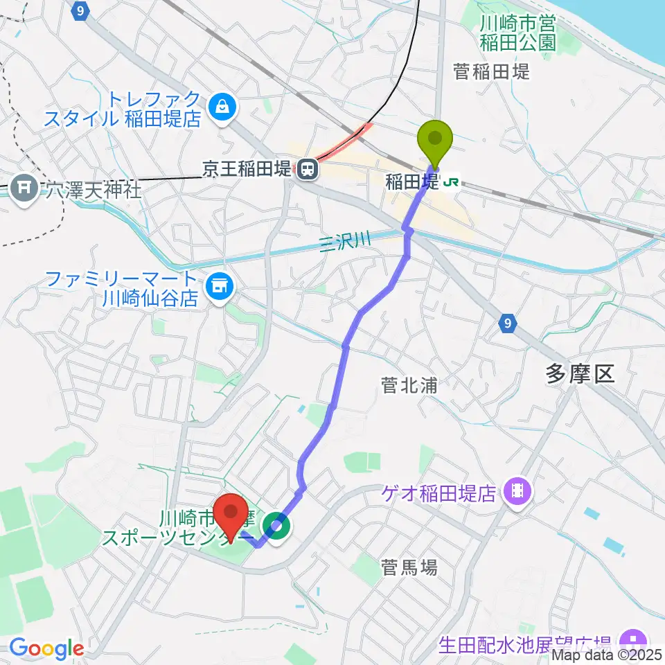 稲田堤駅から川崎市多摩スポーツセンター野球場へのルートマップ地図