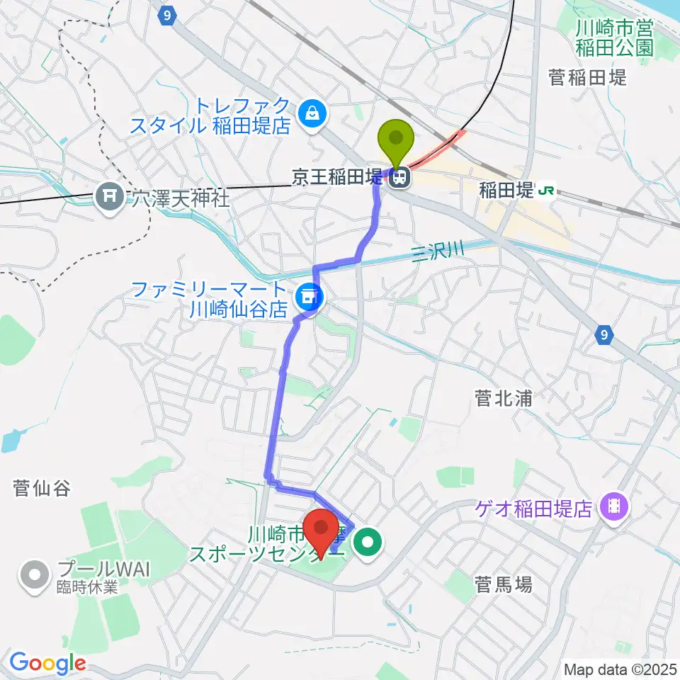京王稲田堤駅から川崎市多摩スポーツセンター野球場へのルートマップ地図
