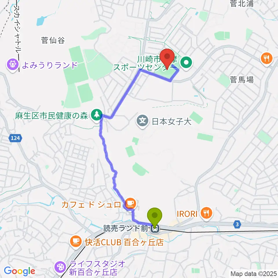 川崎市多摩スポーツセンター野球場の最寄駅読売ランド前駅からの徒歩ルート（約18分）地図