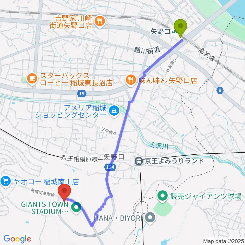 矢野口駅からジャイアンツタウンサブグラウンドへのルートマップ地図