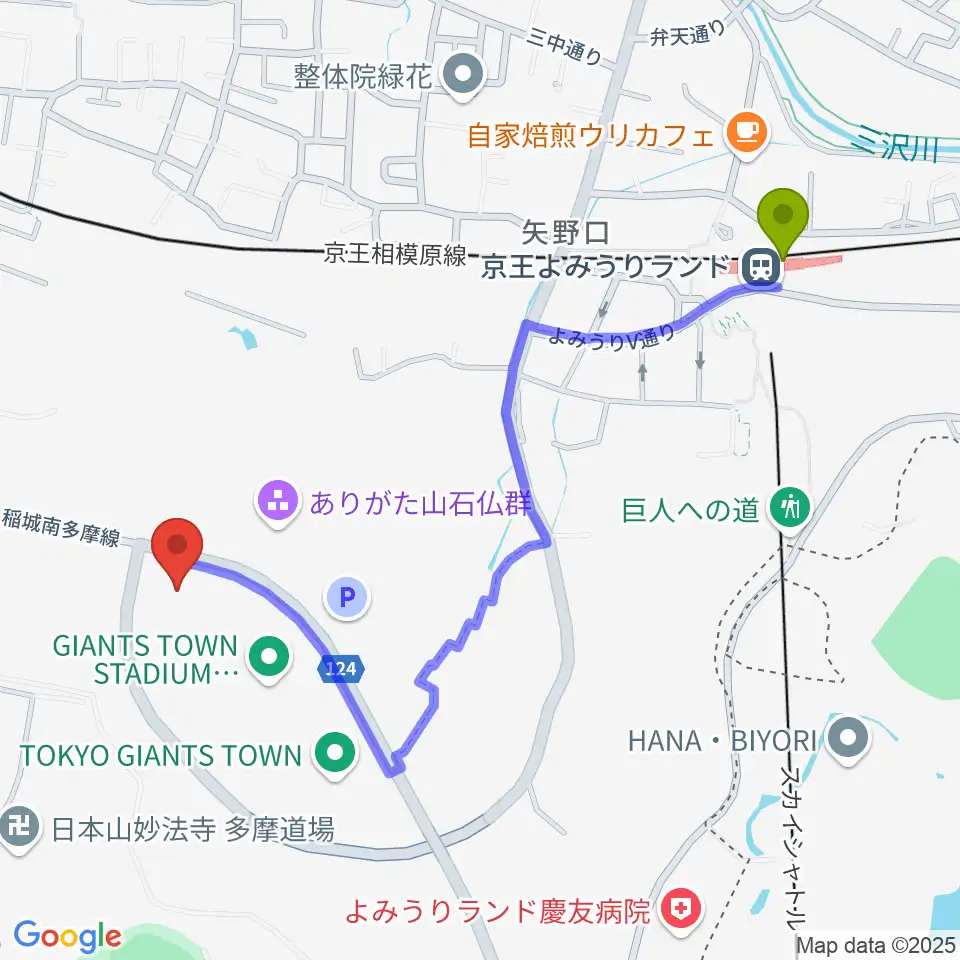 ジャイアンツタウンサブグラウンドの最寄駅京王よみうりランド駅からの徒歩ルート（約11分）地図