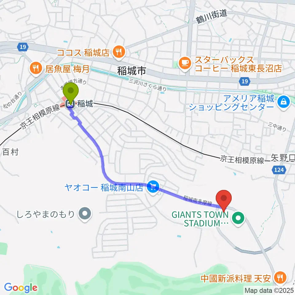 稲城駅からジャイアンツタウンサブグラウンドへのルートマップ地図