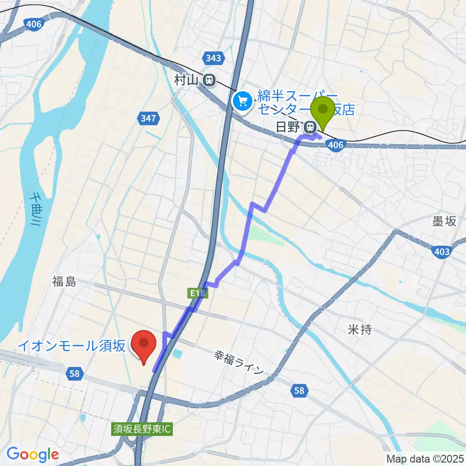 日野駅からイオンシネマ須坂へのルートマップ地図