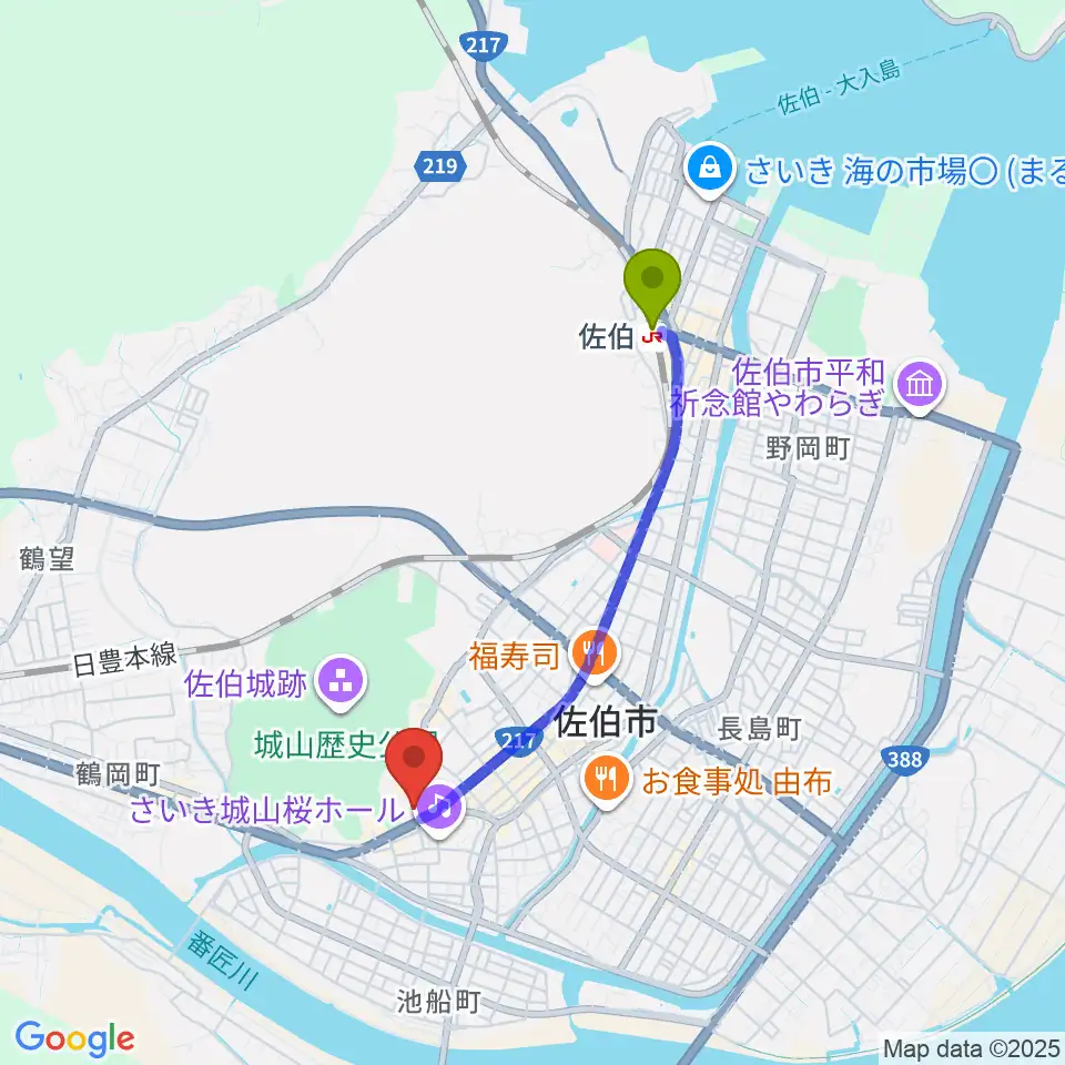 佐伯市歴史資料館の最寄駅佐伯駅からの徒歩ルート（約32分）地図