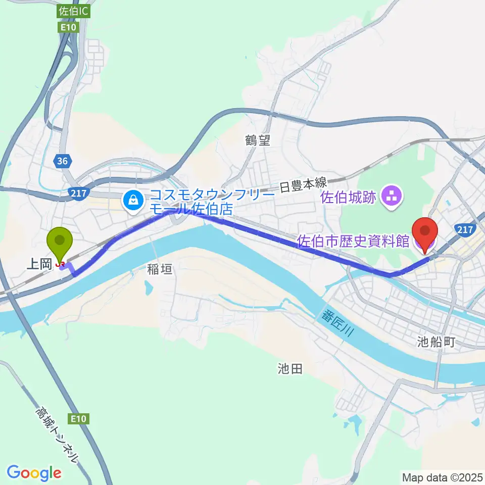 上岡駅から佐伯市歴史資料館へのルートマップ地図