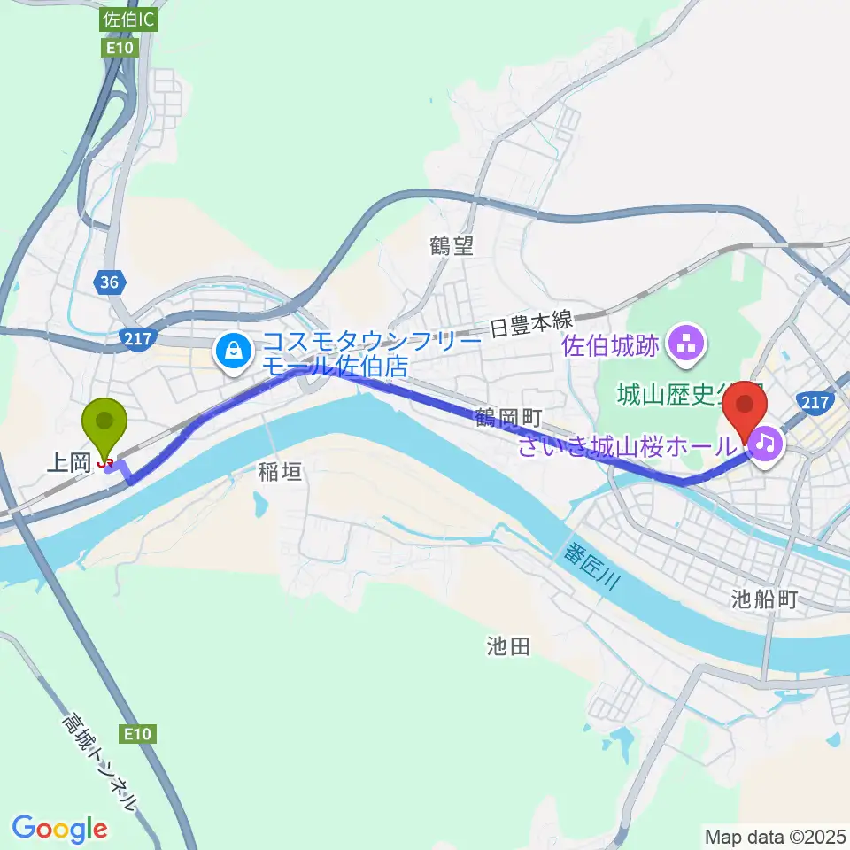 上岡駅から佐伯市歴史資料館へのルートマップ地図