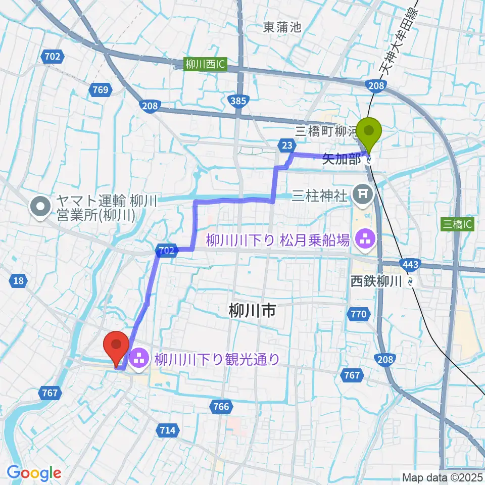矢加部駅から北原白秋生家・記念館へのルートマップ地図