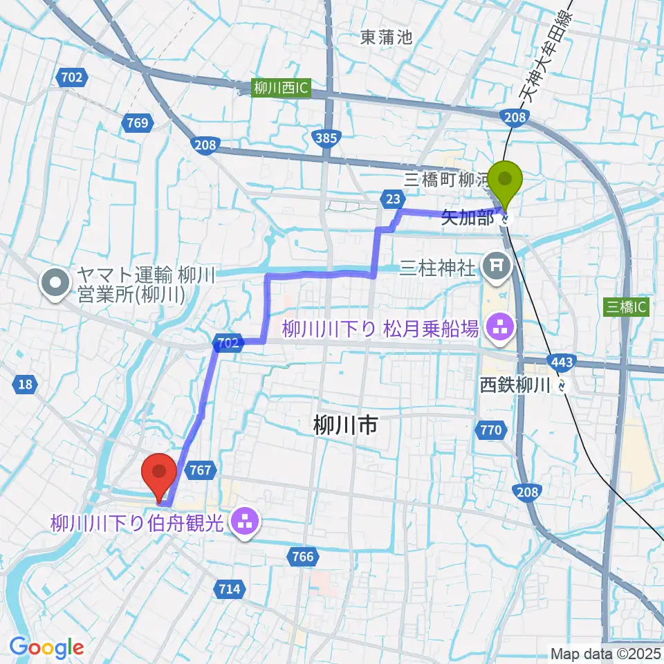 矢加部駅から北原白秋生家・記念館へのルートマップ地図