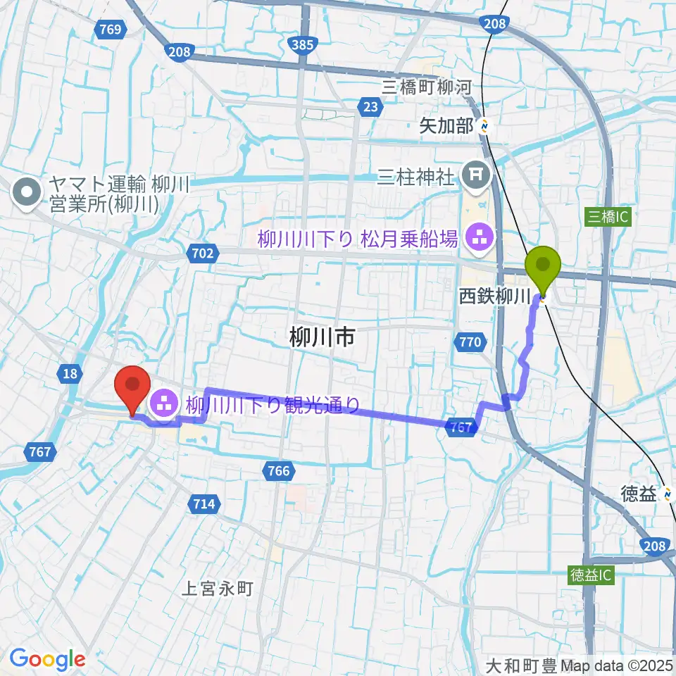 北原白秋生家・記念館の最寄駅西鉄柳川駅からの徒歩ルート（約41分）地図