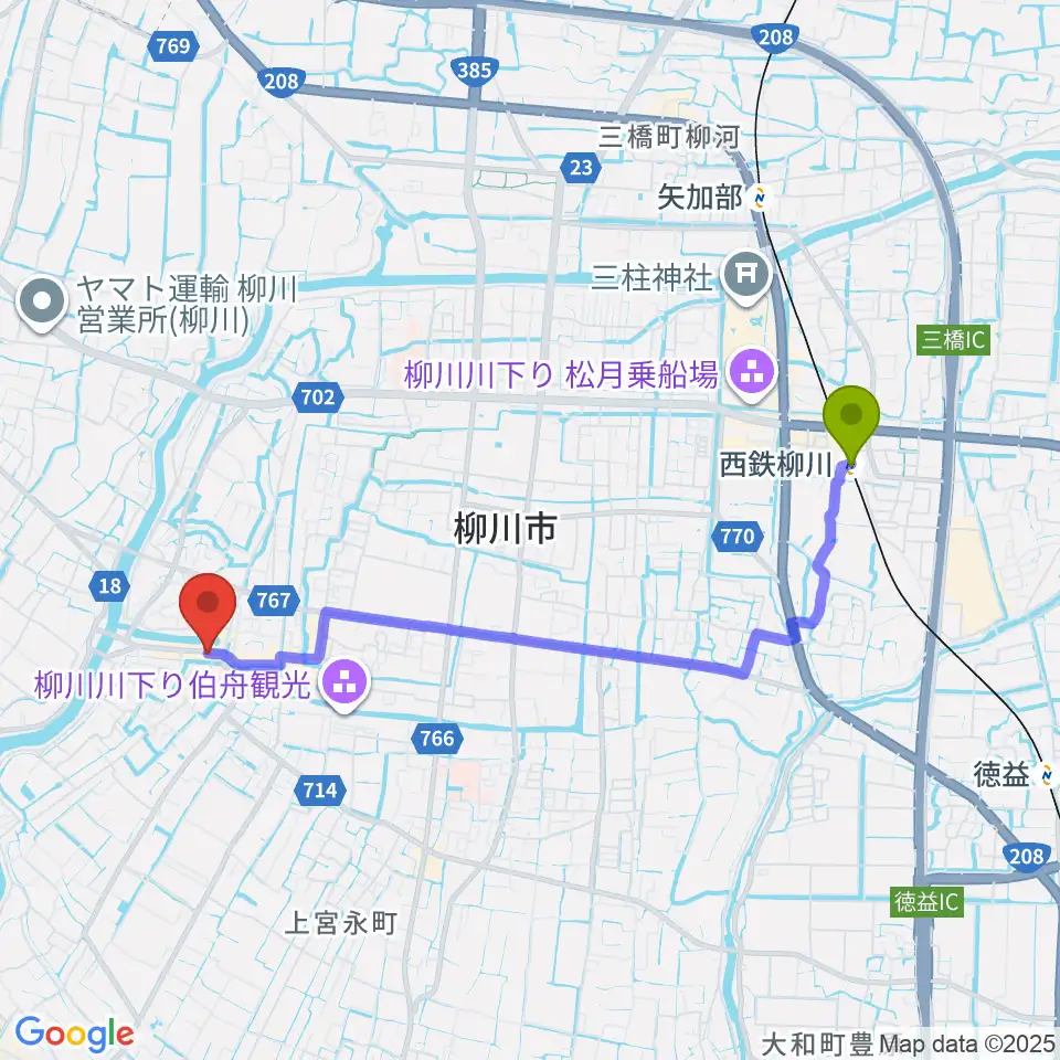 北原白秋生家・記念館の最寄駅西鉄柳川駅からの徒歩ルート（約41分）地図