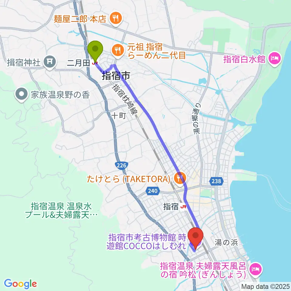 二月田駅から時遊館COCCOはしむれへのルートマップ地図