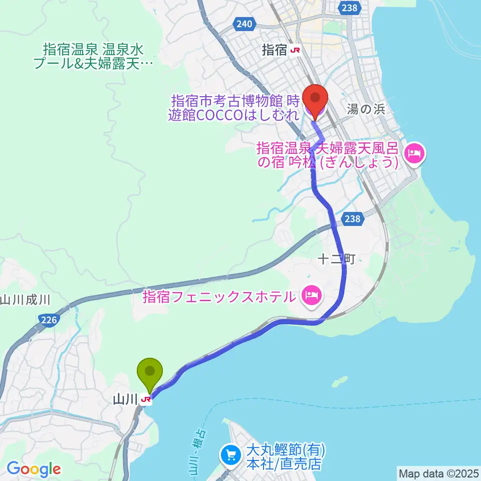 山川駅から時遊館COCCOはしむれへのルートマップ地図