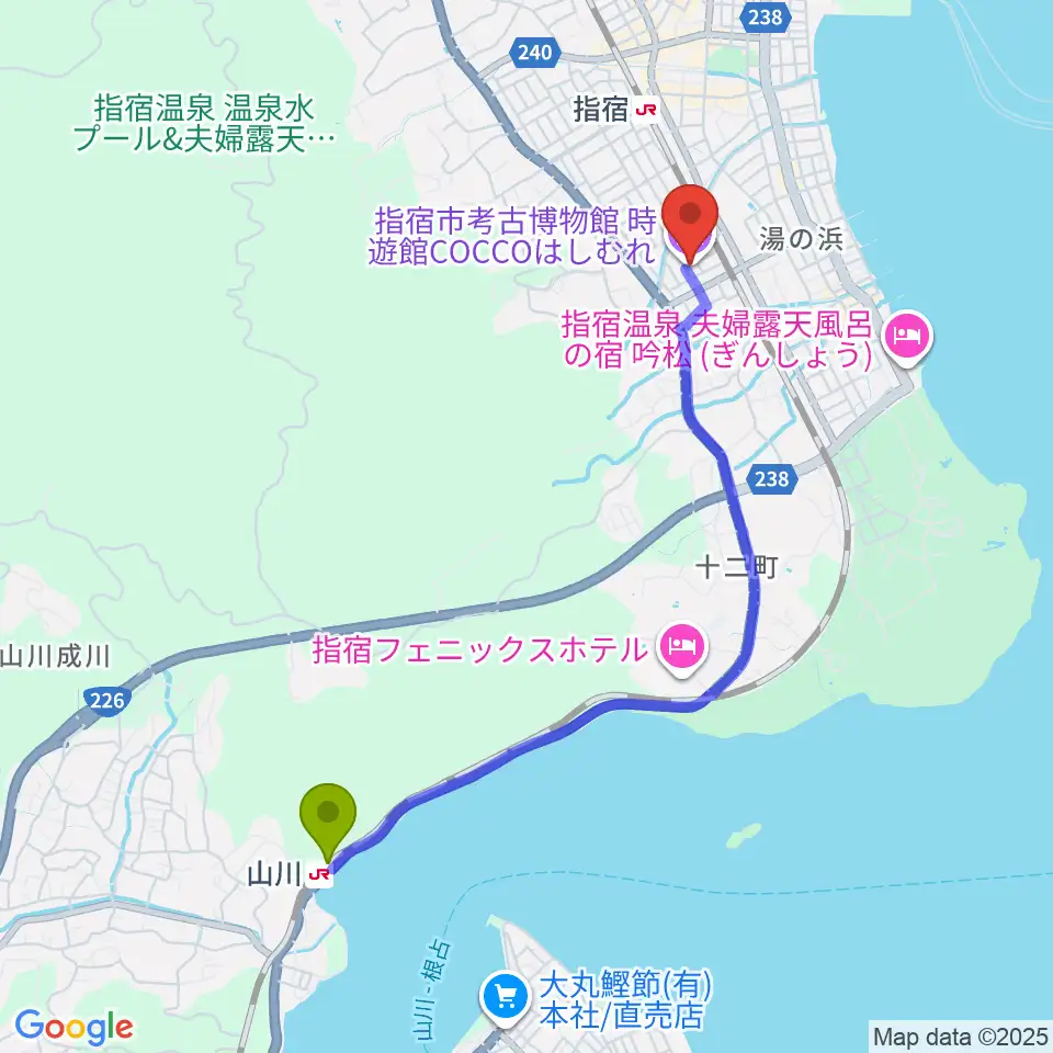山川駅から時遊館COCCOはしむれへのルートマップ地図