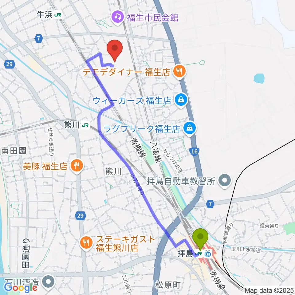 拝島駅から福生市郷土資料室へのルートマップ地図