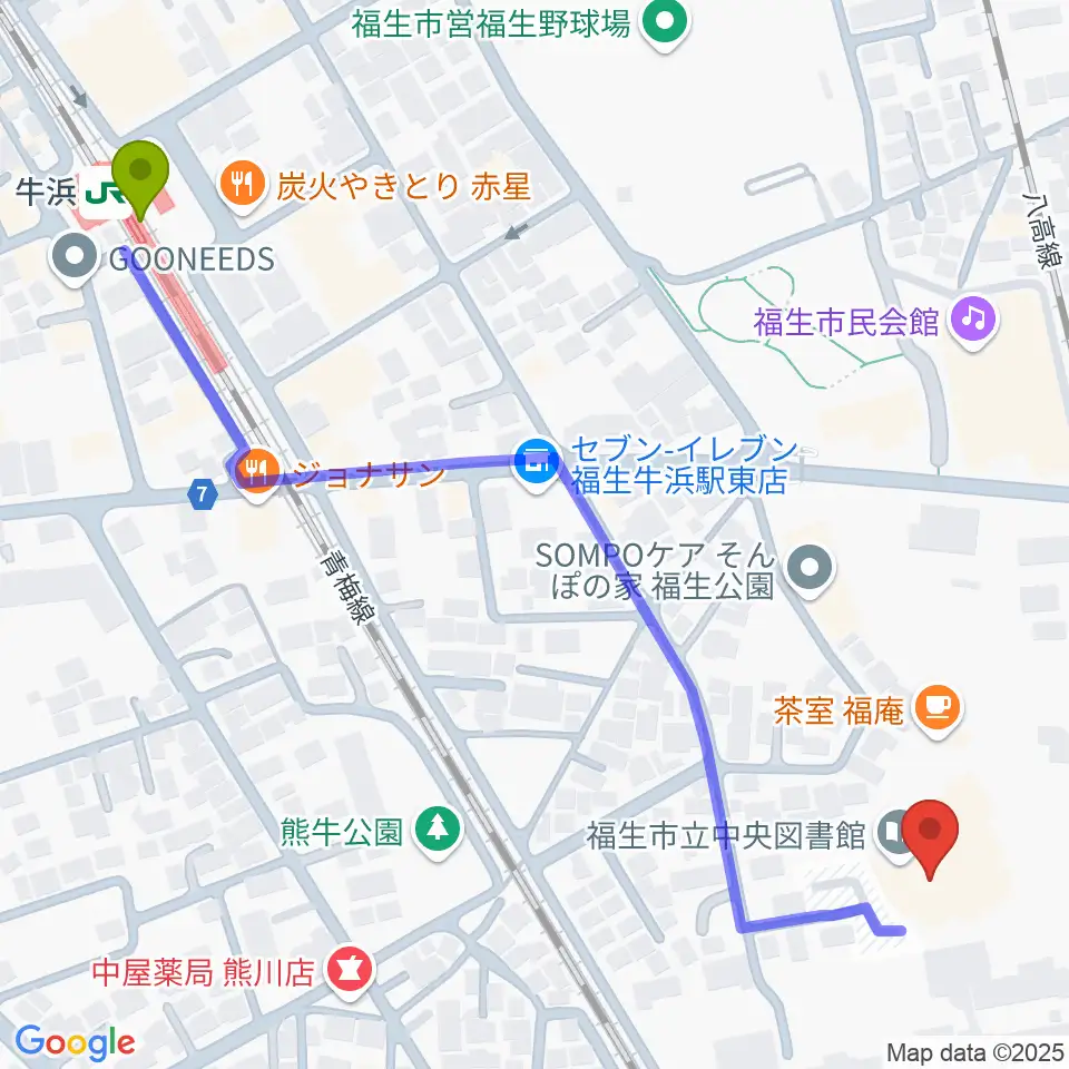 牛浜駅から福生市郷土資料室へのルートマップ地図