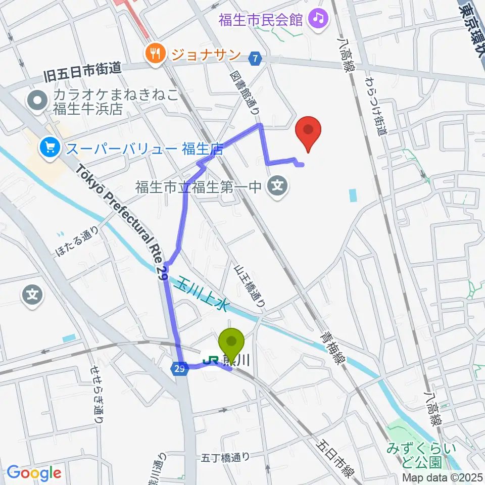 福生市郷土資料室の最寄駅熊川駅からの徒歩ルート（約7分）地図