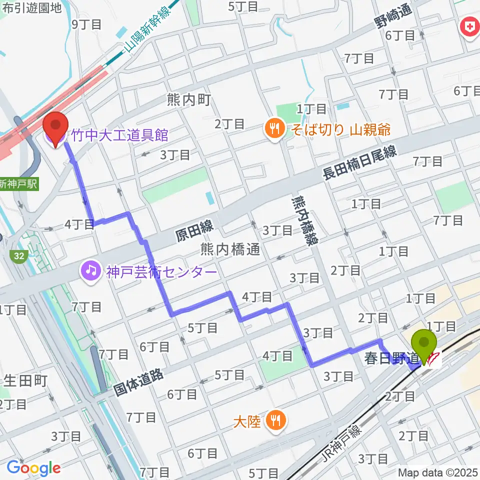 春日野道駅から竹中大工道具館へのルートマップ地図