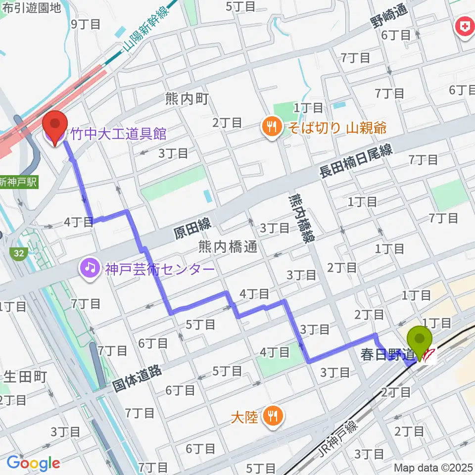 春日野道駅から竹中大工道具館へのルートマップ地図
