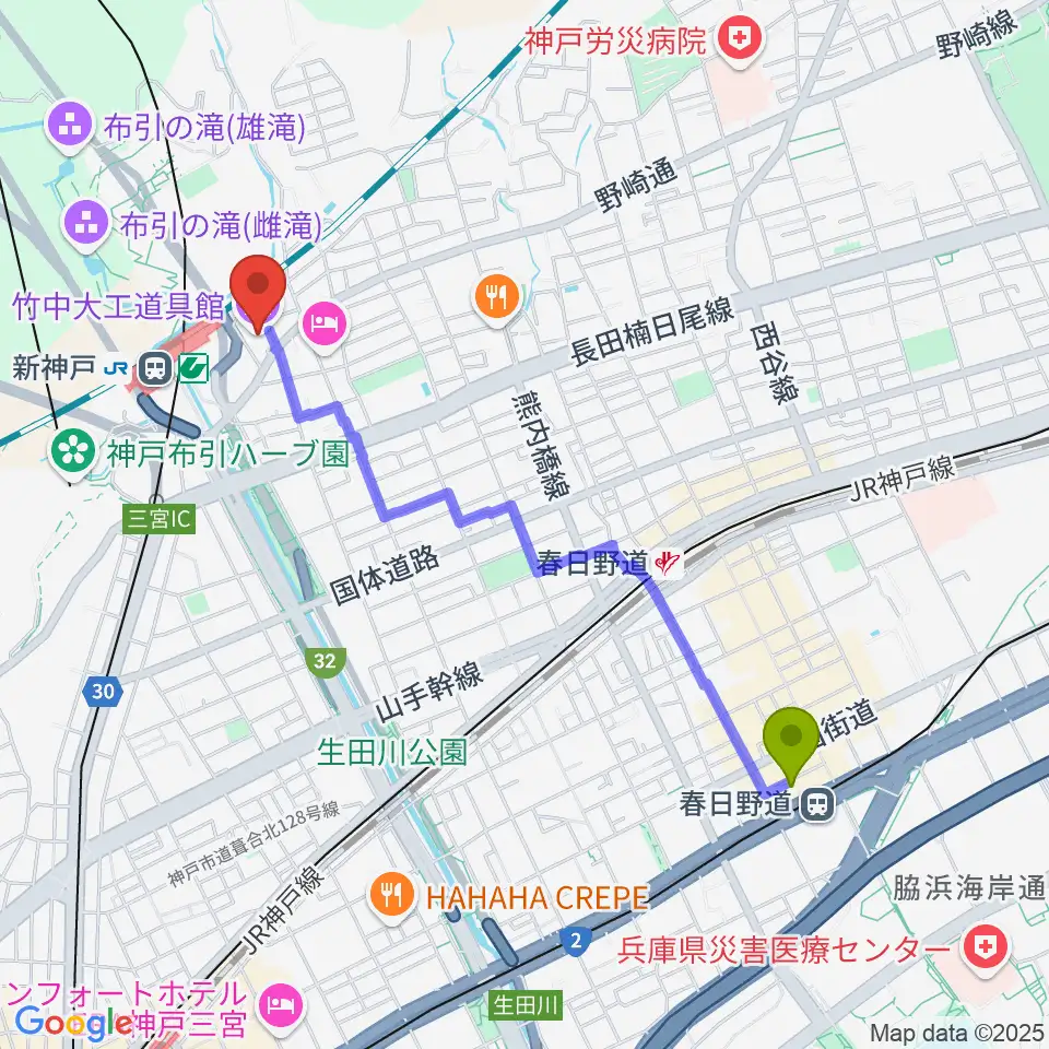 春日野道駅から竹中大工道具館へのルートマップ地図