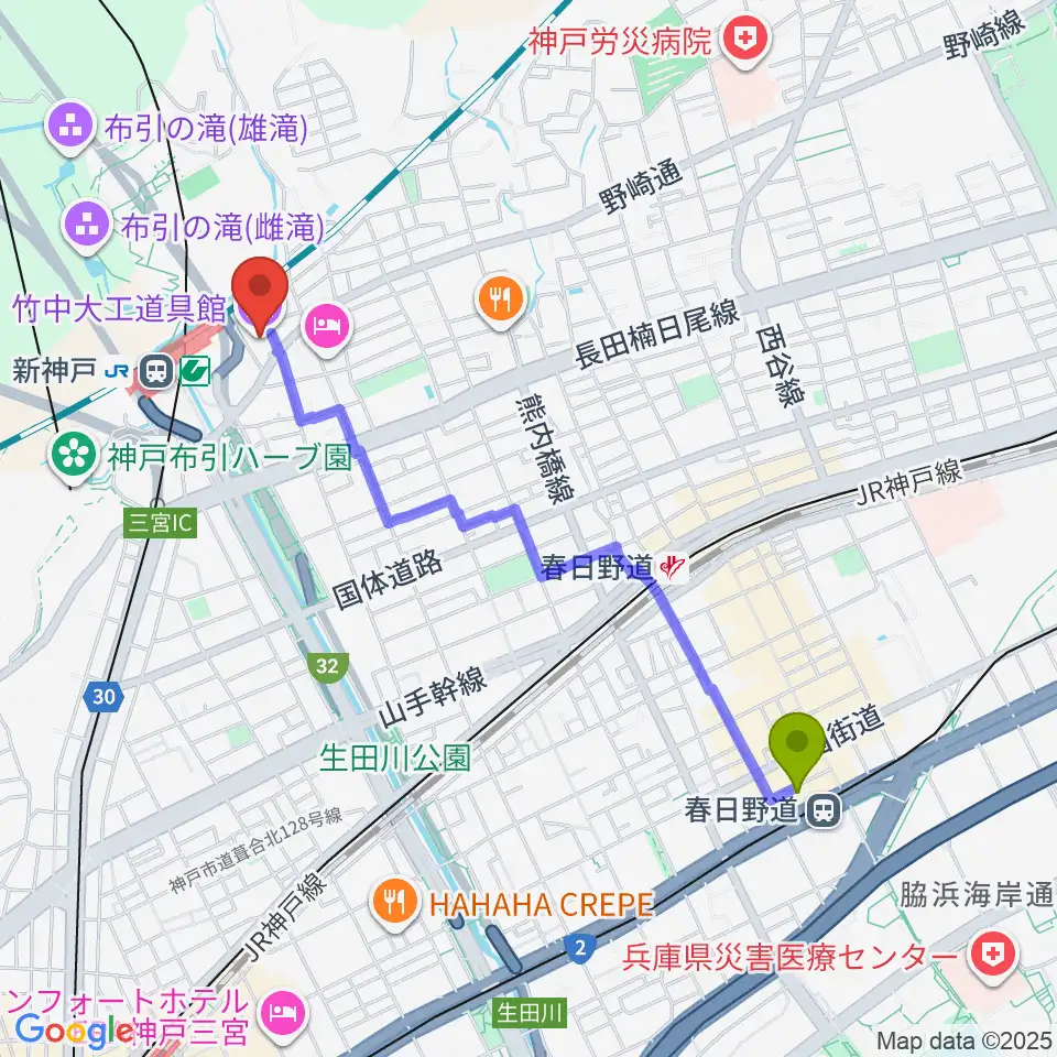 春日野道駅から竹中大工道具館へのルートマップ地図