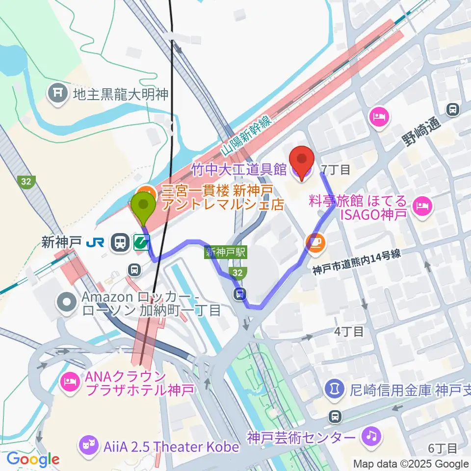 竹中大工道具館の最寄駅新神戸駅からの徒歩ルート（約3分）地図