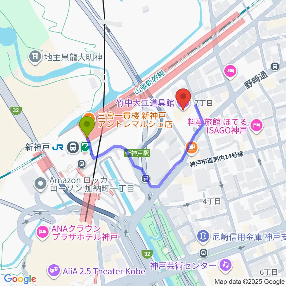 竹中大工道具館の最寄駅新神戸駅からの徒歩ルート（約3分）地図