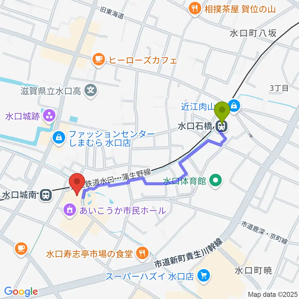 水口石橋駅から甲賀市水口歴史民俗資料館へのルートマップ地図