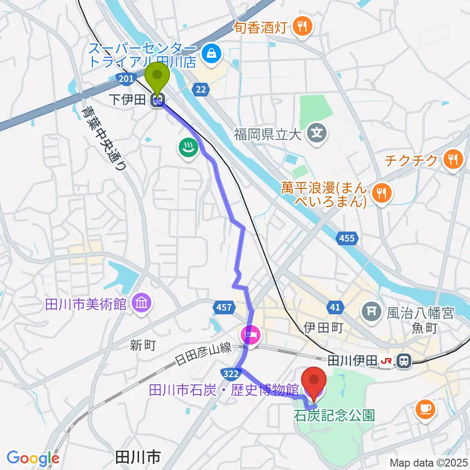 下伊田駅から田川市石炭・歴史博物館へのルートマップ地図
