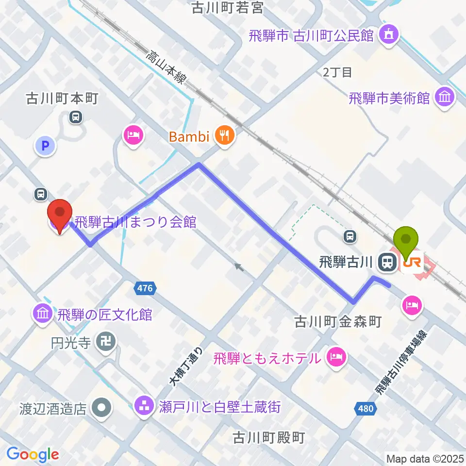 飛騨古川まつり会館の最寄駅飛騨古川駅からの徒歩ルート（約6分）地図