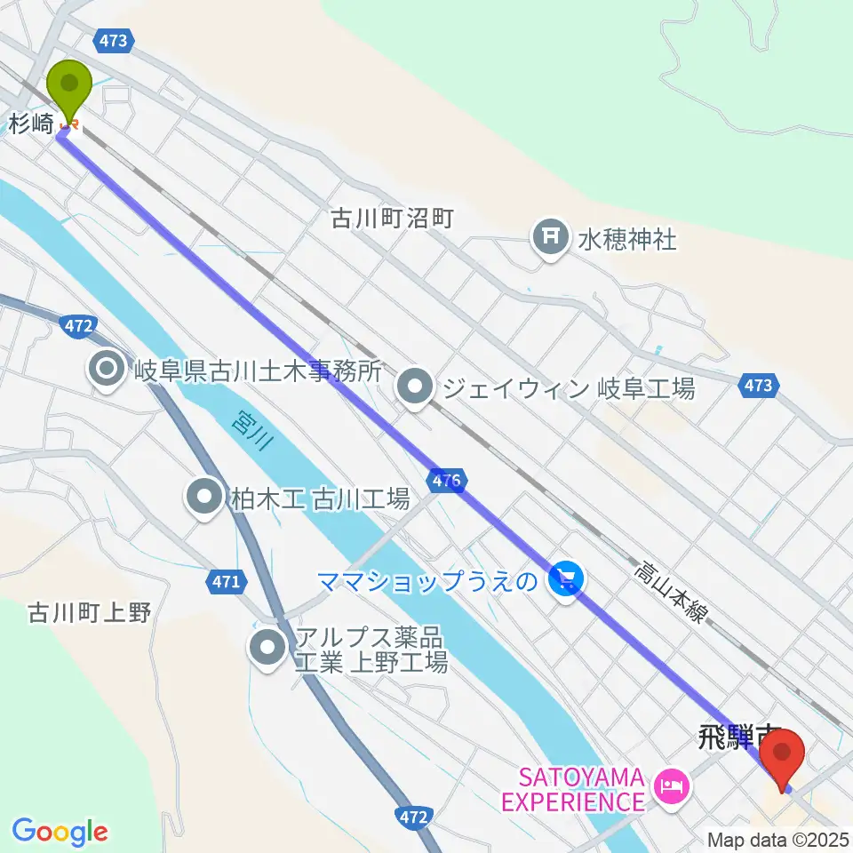 杉崎駅から飛騨古川まつり会館へのルートマップ地図