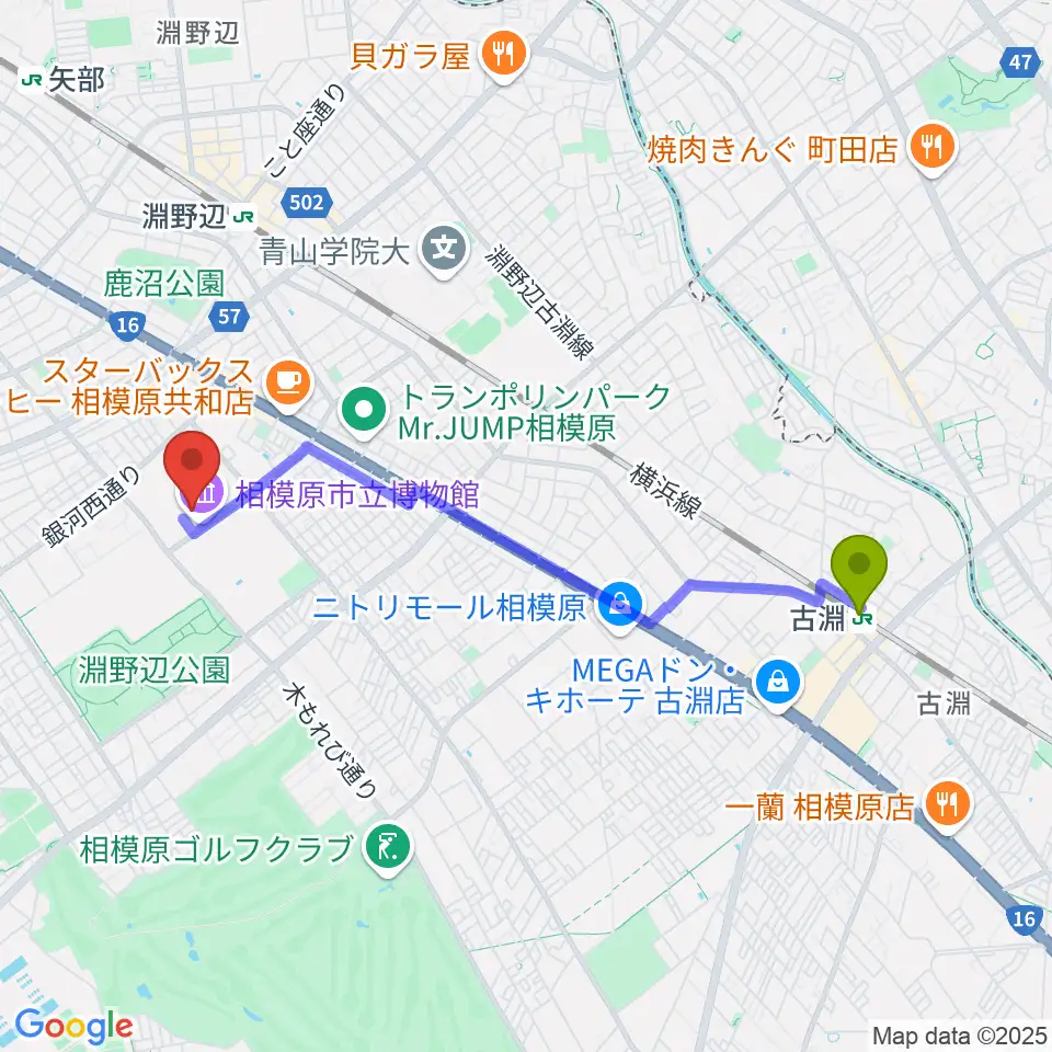 古淵駅から相模原市立博物館へのルートマップ地図