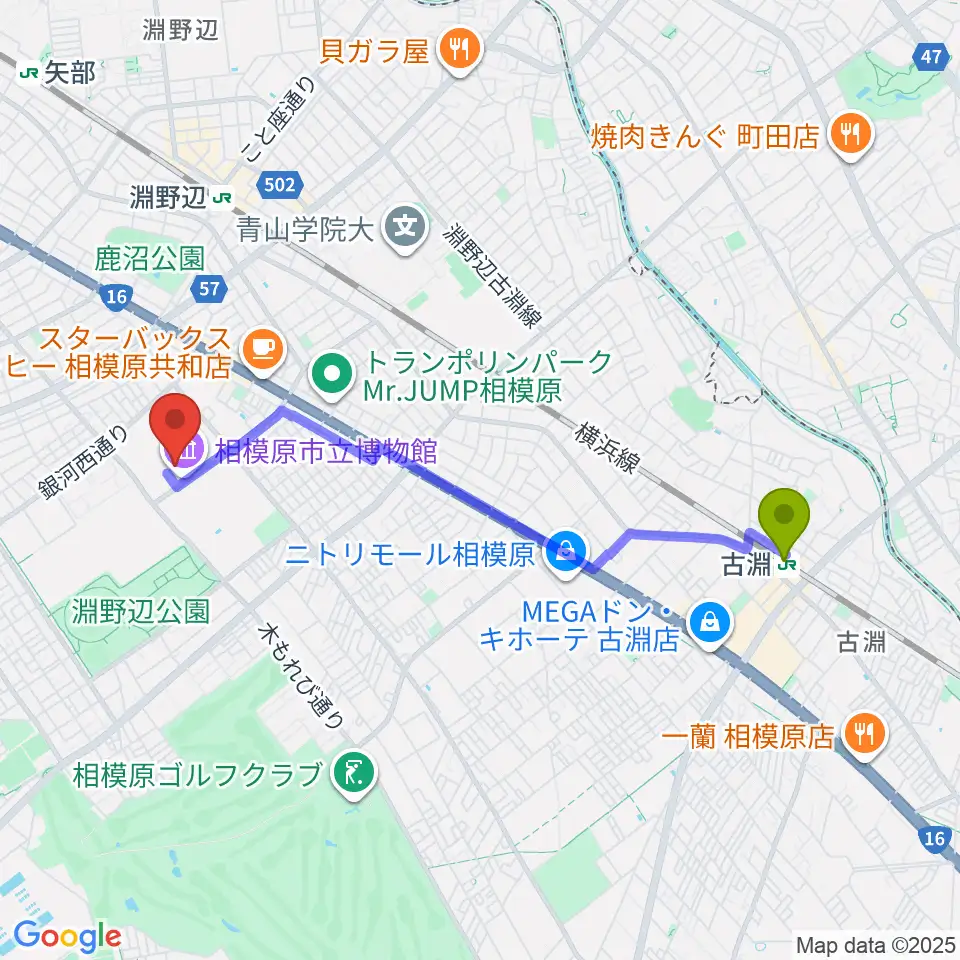 古淵駅から相模原市立博物館へのルートマップ地図