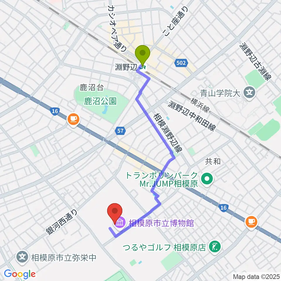 相模原市立博物館の最寄駅淵野辺駅からの徒歩ルート（約18分）地図