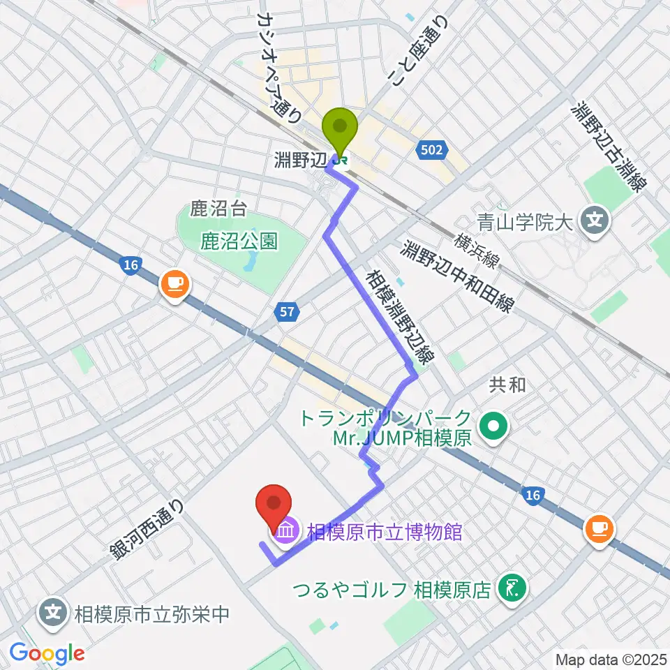 相模原市立博物館の最寄駅淵野辺駅からの徒歩ルート（約18分）地図