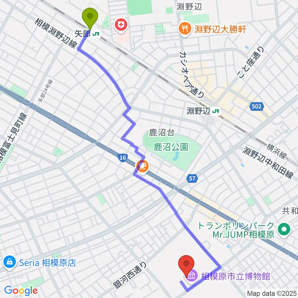矢部駅から相模原市立博物館へのルートマップ地図