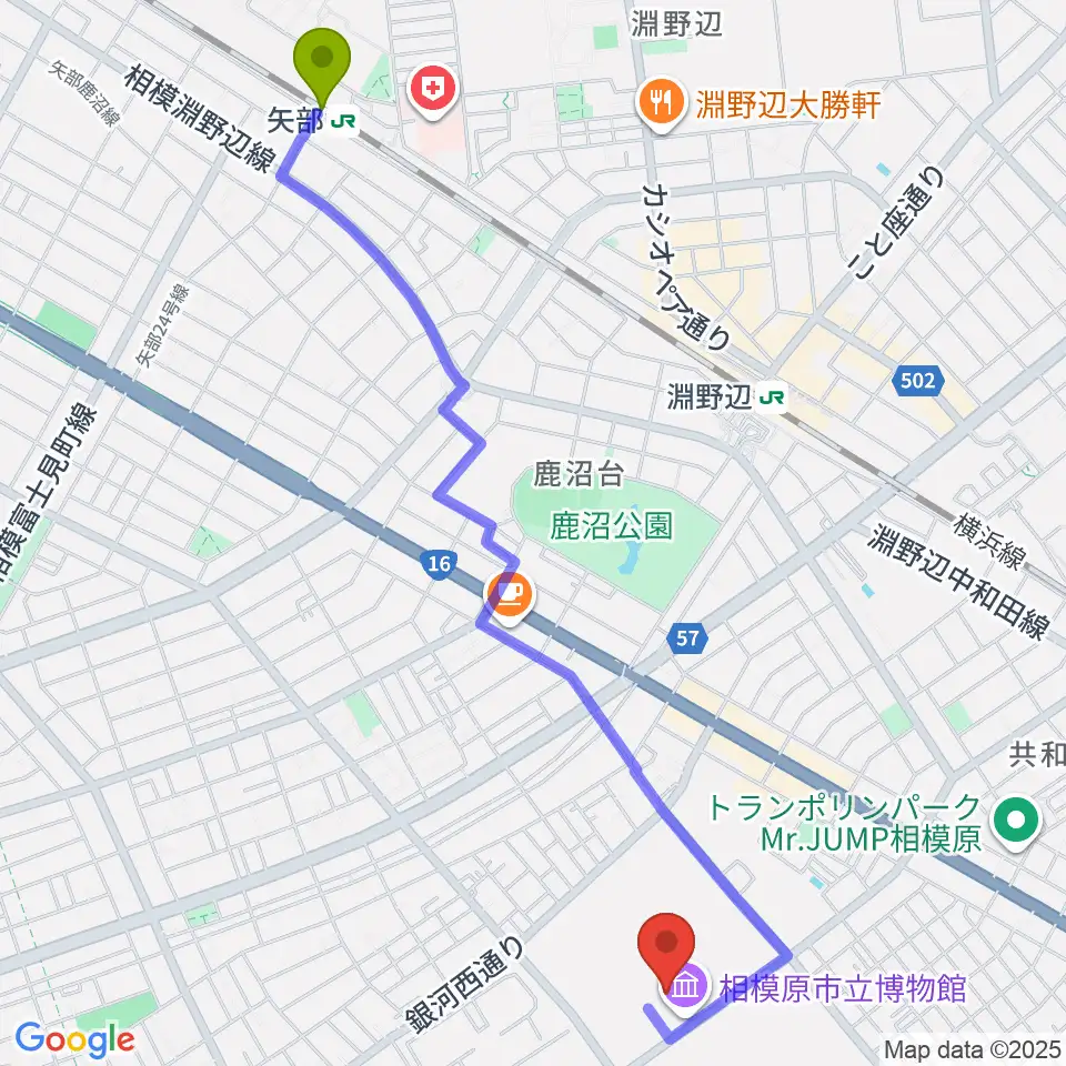 矢部駅から相模原市立博物館へのルートマップ地図