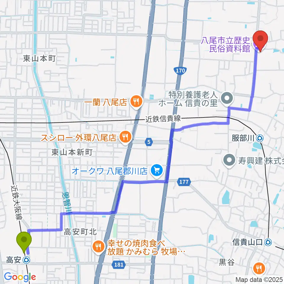 高安駅から八尾市立歴史民俗資料館へのルートマップ地図