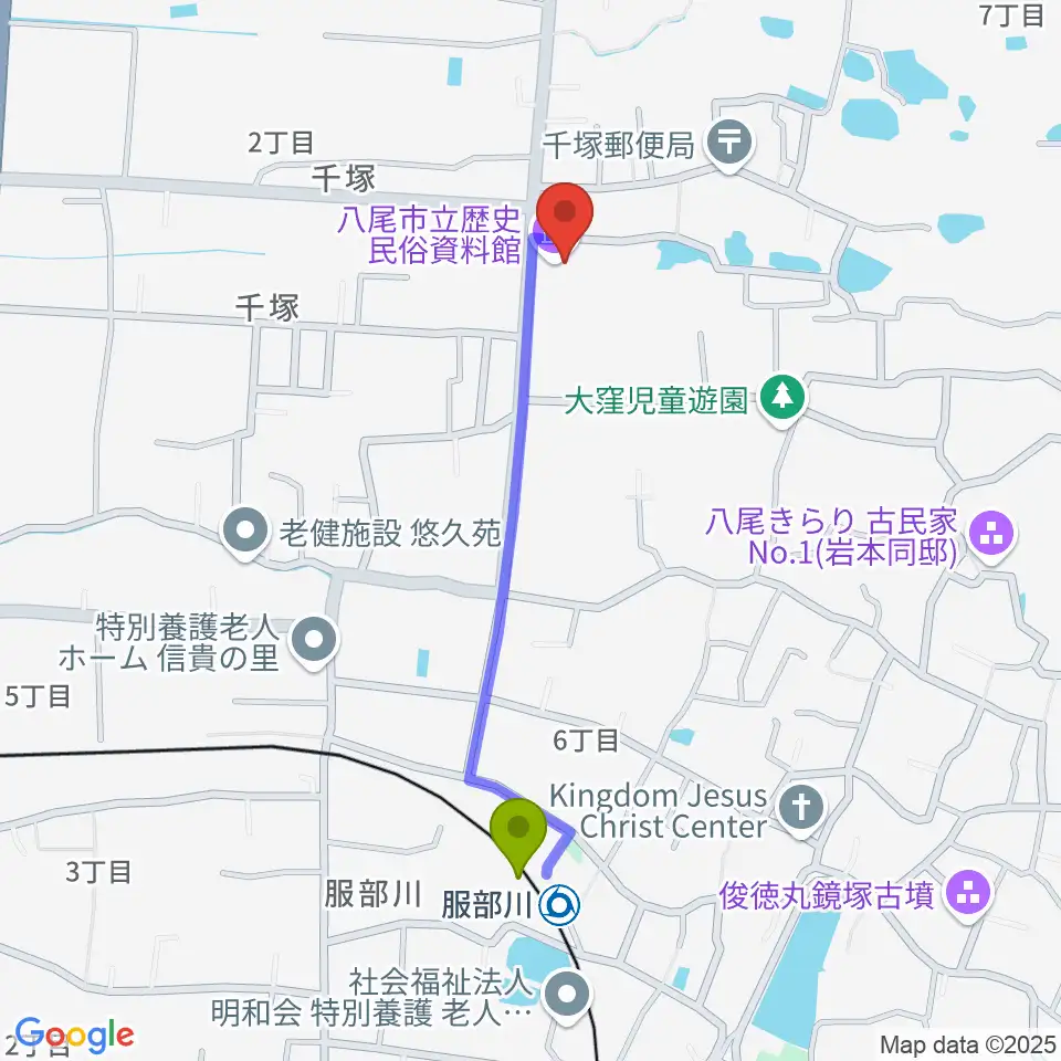八尾市立歴史民俗資料館の最寄駅服部川駅からの徒歩ルート（約9分）地図