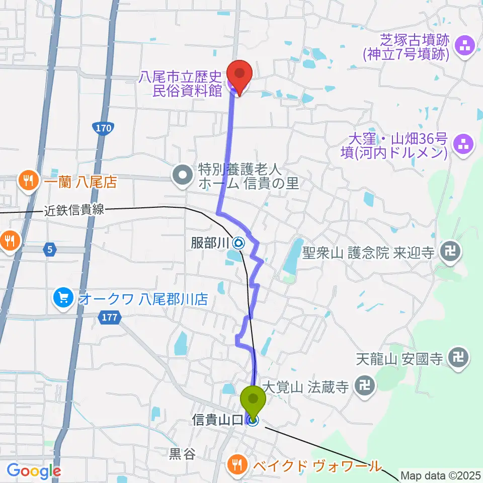 信貴山口駅から八尾市立歴史民俗資料館へのルートマップ地図