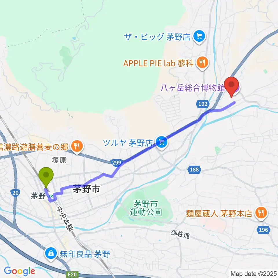 茅野市八ヶ岳総合博物館の最寄駅茅野駅からの徒歩ルート（約46分）地図